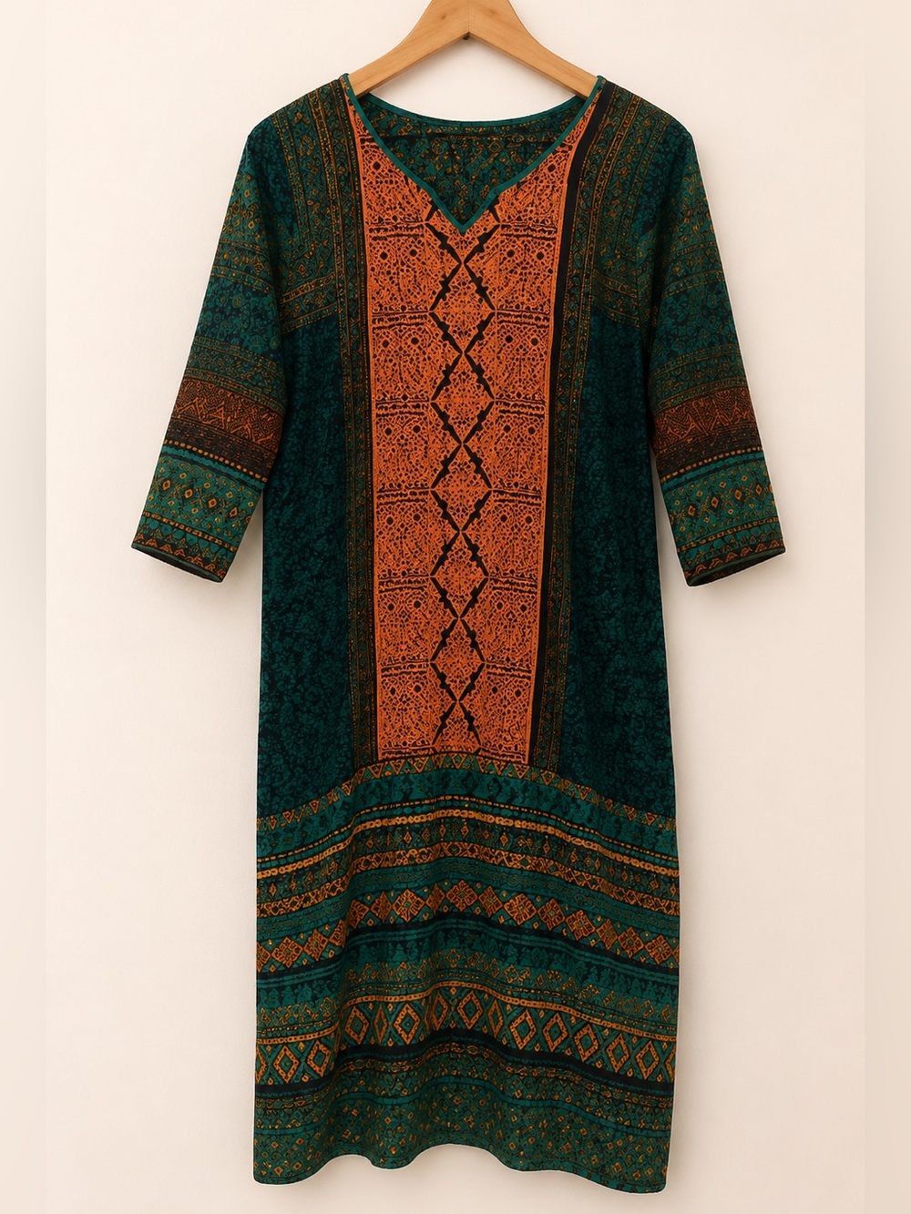 Indian/Pakistani Embroidered Kurta | Medium–Large | Teal Green & Orange